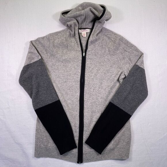 C. Cashmere Gray Black Colorblock Long Sleeve Zip 2-ply Cashmere Hoodie Medium - Picture 1 of 7